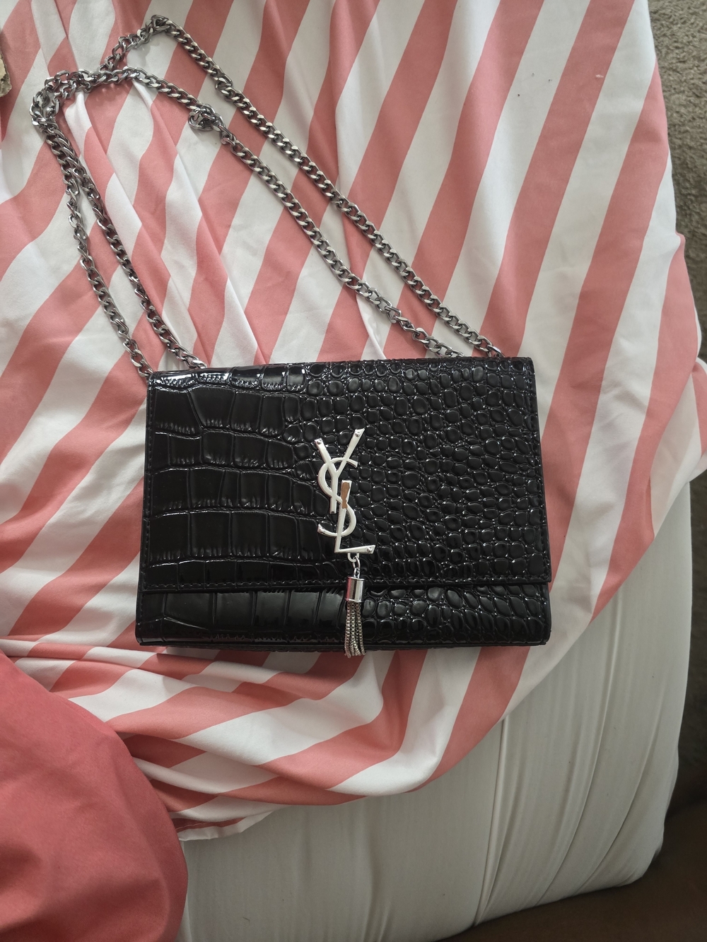 Saint Laurent Black Croc-Embossed Monogram Chain Shoulder Bag